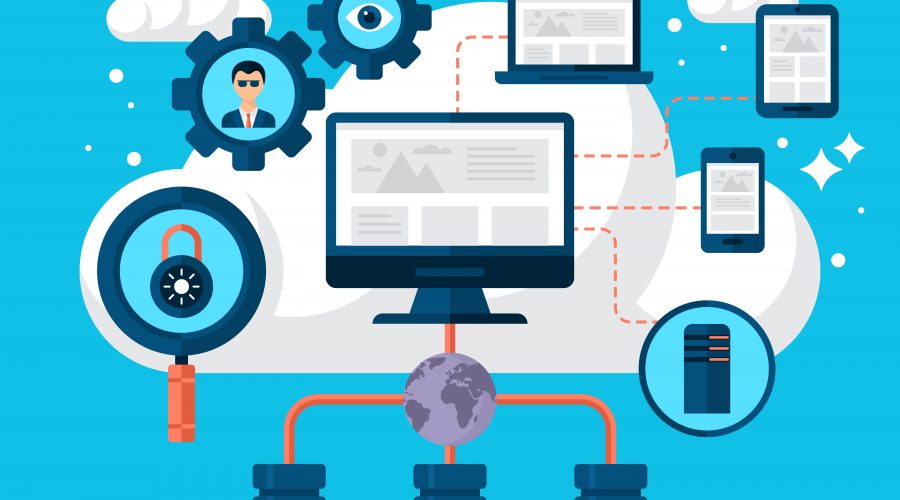 Illustration of cloud computing and cybersecurity, featuring a central computer connected to servers-cloud phone systems