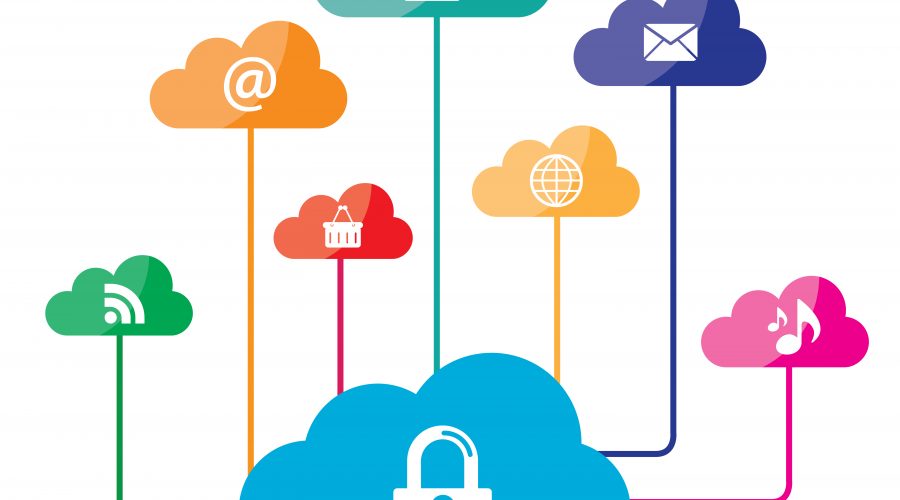 Illustration of cloud computing security with interconnected colorful cloud icons-manage it security