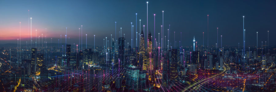 City skyline with glowing digital data lines-endpoint security