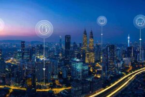 Smart city at night with interconnected digital icons-what is iot​