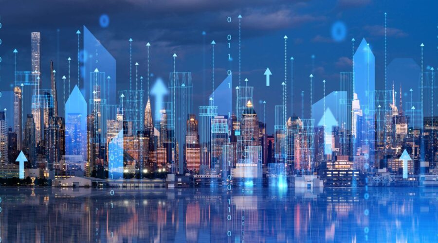 Futuristic city skyline with digital upward arrows and data visualization-ai for smbs