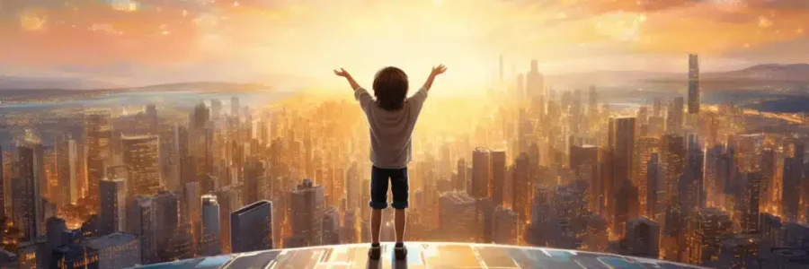 A child standing with arms raised, overlooking a futuristic city bathed in golden light-Artificial intelligence