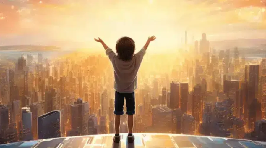 A child standing with arms raised, overlooking a futuristic city bathed in golden light-Artificial intelligence