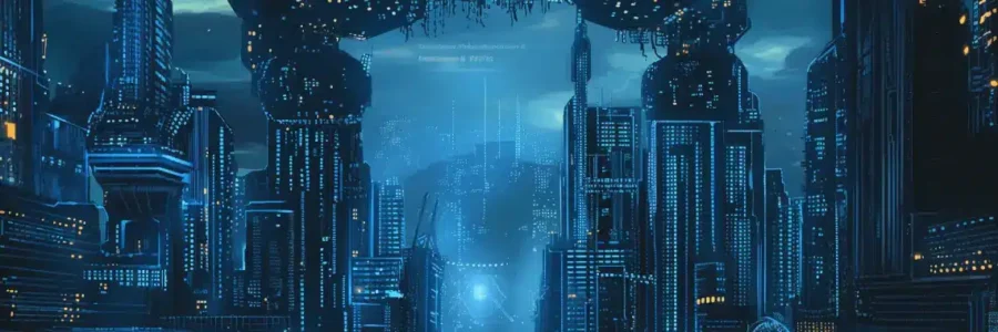 Futuristic cyberpunk cityscape illuminated with blue and orange lights-Cybersecurity