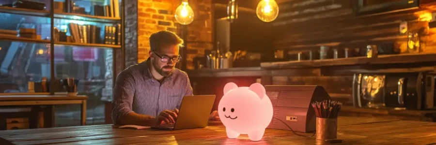 A man working on a laptop in a warmly lit café with a glowing piggy bank-managed it services for small businesses